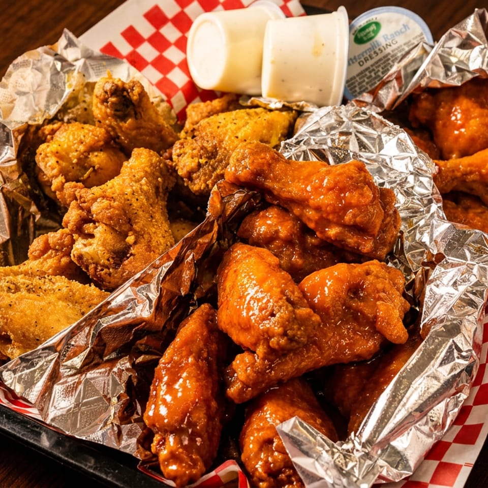 A basket of crispy fried chicken wings and saucy buffalo wings with ranch dressing cups.